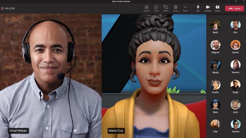 A sample screen shows two people conversing - one with a webcam on, one with a cartoonish 3D avatar