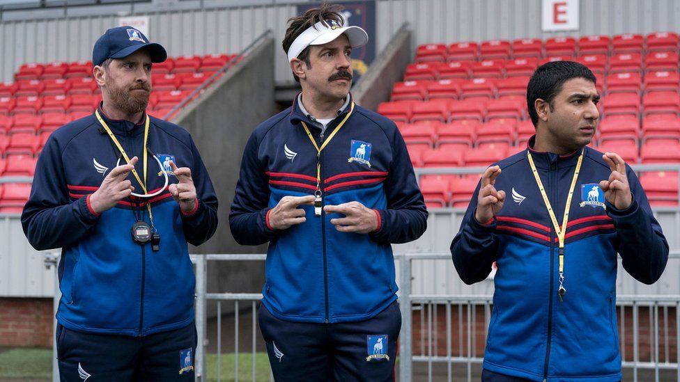 Brendan Hunt, Jason Sudeikis and Nick Mohammed in Ted Lasso