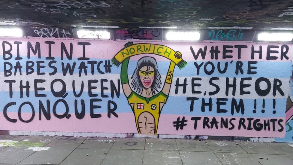 Mural of drag queen Bimini Bon Boulash reads: Bimini babes, watch the queen conquer, whether you're he, she or them, hashtag Trans Rights.