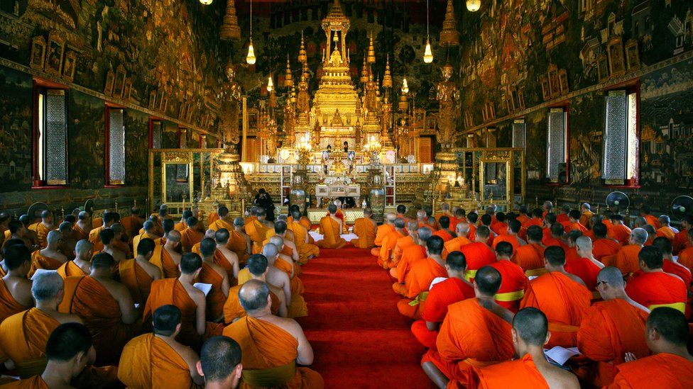 Buddhist monks pray during a religious ceremony tribute to Thailand's late King Bhumibol Adulyadej at the Royal Palace in Bangkok, Thailand, 5 March 2017