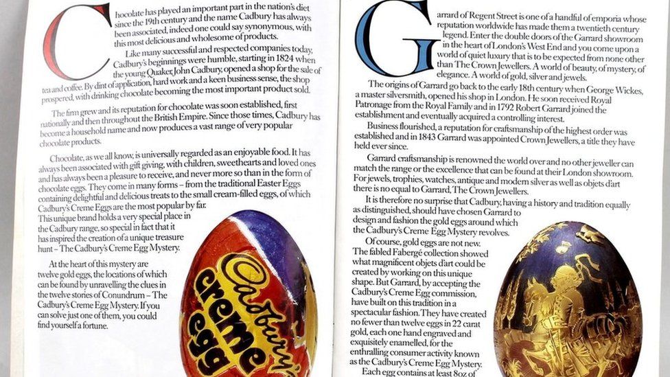The eggs could be found by solving clues which were hidden in a book, Conundrum, The Cadbury's Creme Egg Mystery, by Don Shaw.