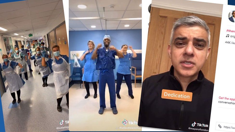 A three-part composite shows nurses dancing, with London Mayor Sadiq Khan in a video message to them too