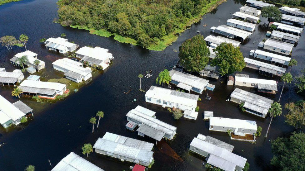 Flooded homes seen from the air