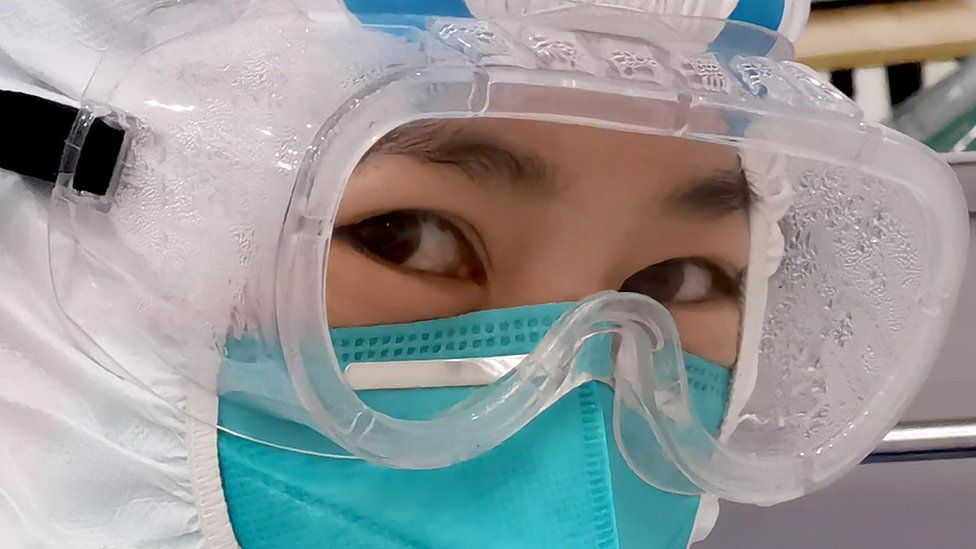 A nurse wearing protective gear at a hospital in Wuhan, China