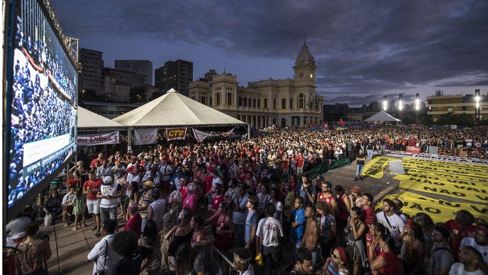 Crowds watch a parliament vote on President Dilma Rousseff's impeachment on a large screen in Belo Horizonte, Brazil, on 17 April 2016