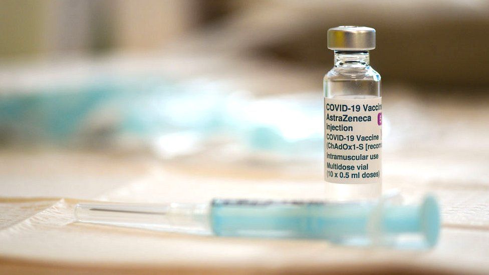 AstraZeneca Covid-19 vaccine and syringe are seen at the medical centre