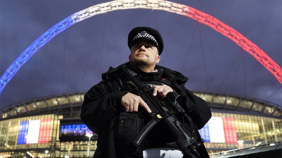 Armed police officer outside Wembley for a France v England game