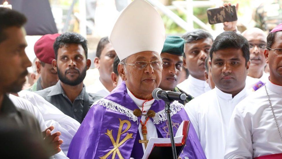 Archbishop Malcolm Ranjith attends the funeral ceremony of the victims of attacks in Negomboo, Sri Lanka ,Tuesday, April 23 , 2019