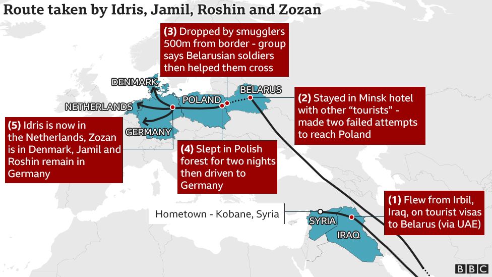 Map showing the migrants' route from Iraq to Germany