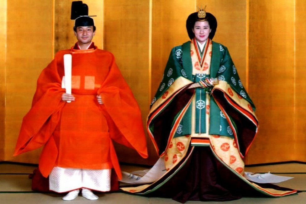 Crown Prince Naruhito and Masako Owada pictured in full traditional Japanese Imperial wedding costumes in 1993