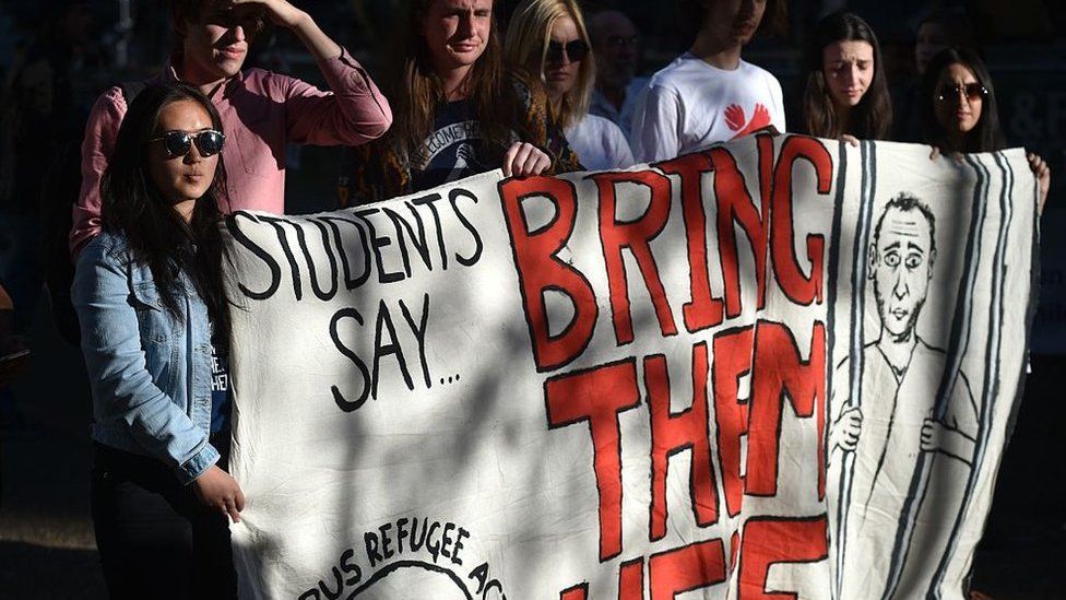 A demonstrators in Sydney earlier this month protest against Australia's detention centre on Nauru