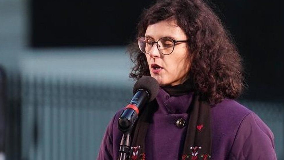 MP Layla Moran speaking at a Humanity Not Hatred Vigil in Richmond Terrace, Westminster, central London on 15 November