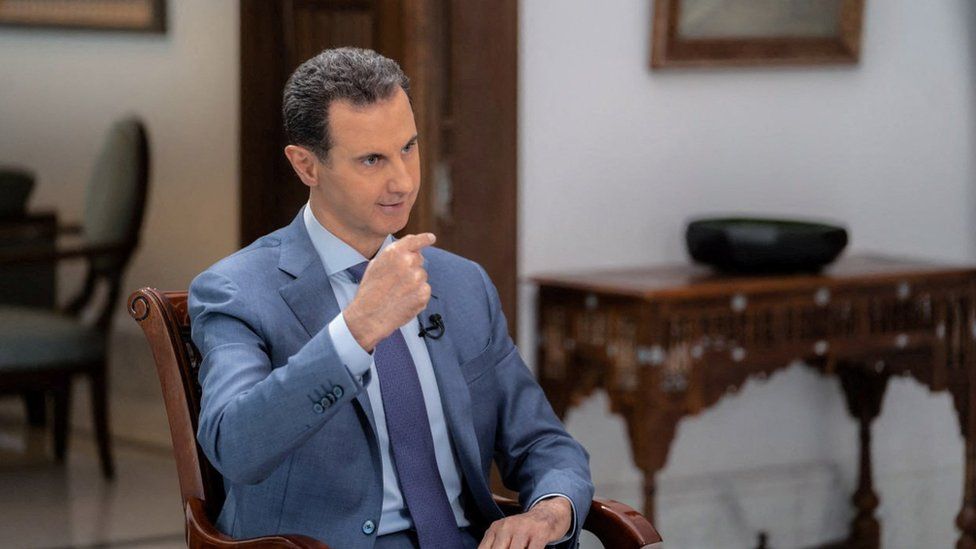Syrian President Bashar al-Assad speaks during an interview with Sky News Arabia in Damascus, Syria (8 August 2023)