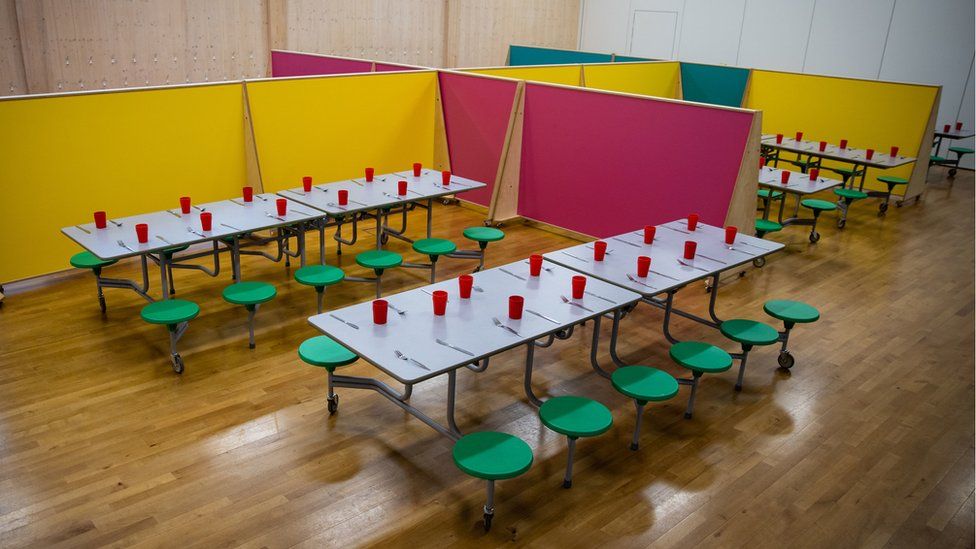 Lunch spaces for different classes separated and spaced as The Charles Dickens Primary School
