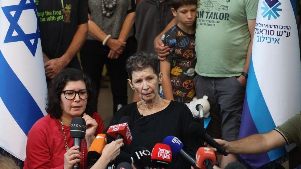 Yocheved Lifschitz (C), 85, speaks with the media next to her daughter Sharone Lifschitz (L) at the Tel Aviv Sourasky Medical Center - Ichilov in Tel Aviv, Israel, 24 October 2023