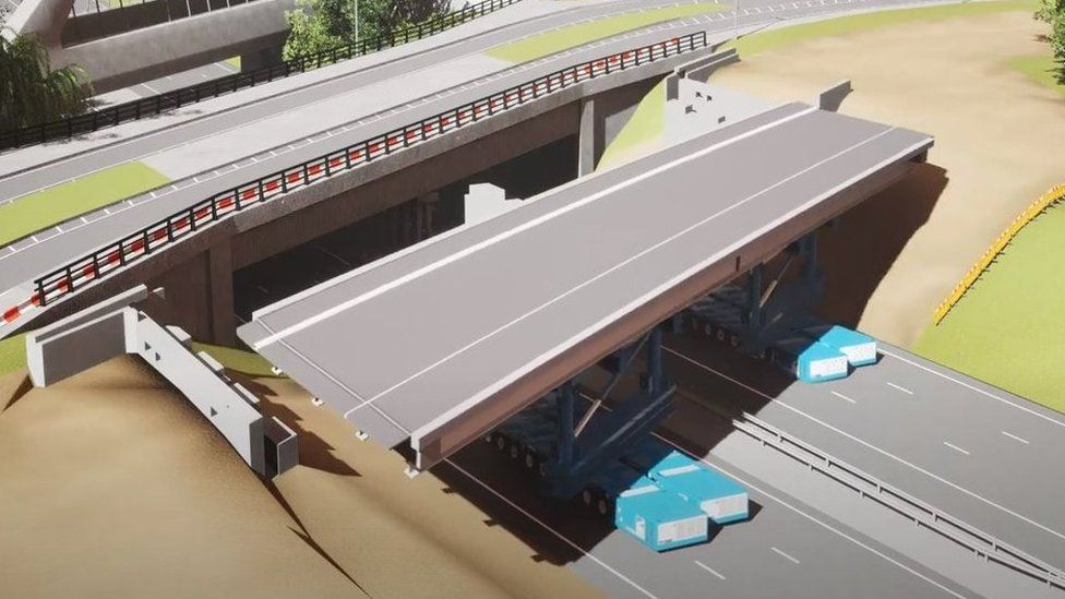 Artist impression of the bridge being moved into place
