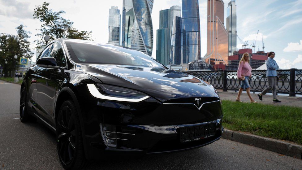 A Tesla Model X electric vehicle is shown in this picture illustration taken in Moscow, Russia