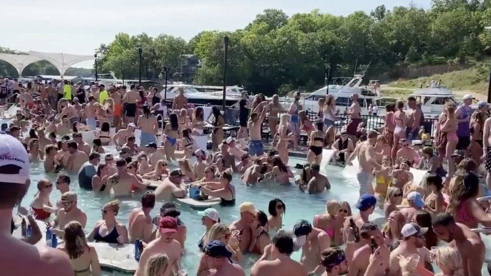 Revellers party at Osage Beach of the Lake of the Ozarks, Missouri. Photo: 23 May 2020