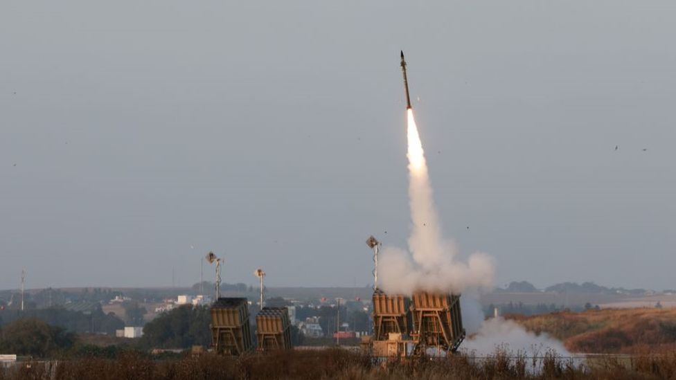 Iron Dome missile launched from battery, May 2023