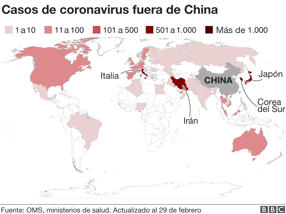Mapa casos de coronavirus fuera de China
