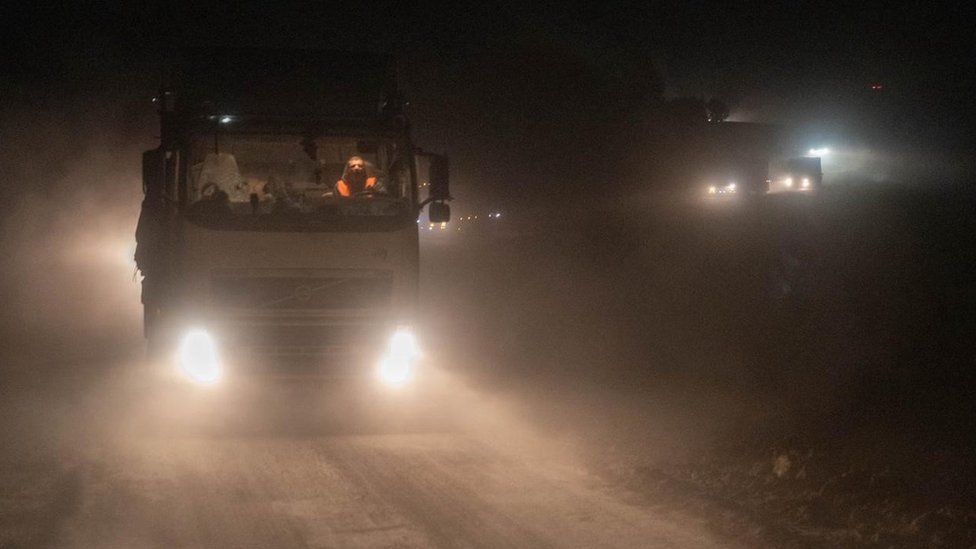 Handout from Israel Defense Forces (IDF) showing UN aid convoy entering northern Gaza for the first time in three weeks directly via Israel (12 March 2024)