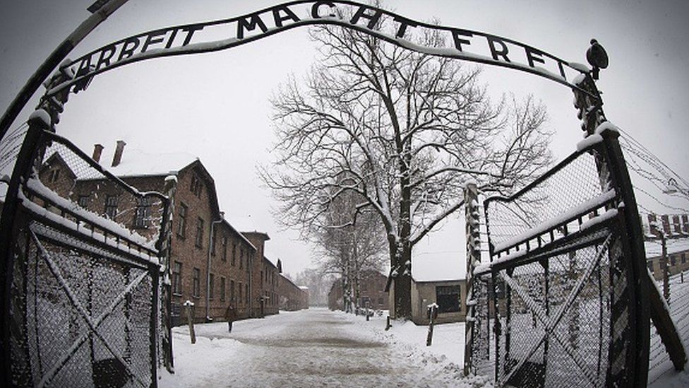 The entrance to the former Nazi concentration camp Auschwitz-Birkenau (25 January 2015)