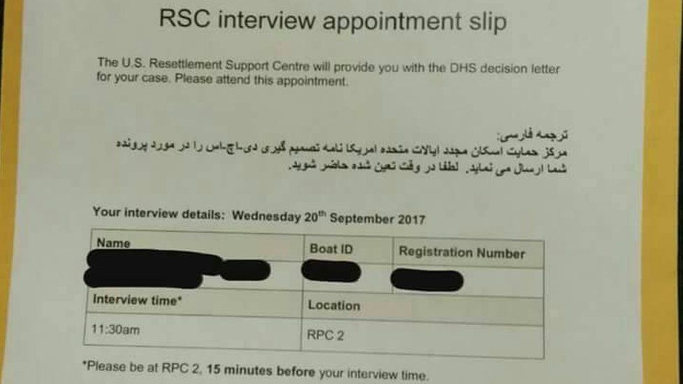 A copy of an interview notice slip provided to a refugee in detention