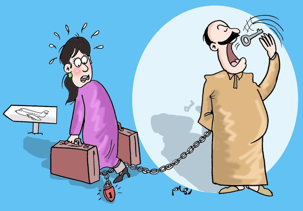 Cartoon by Riham Elhour of man swallowing key to chain preventing woman leaving country