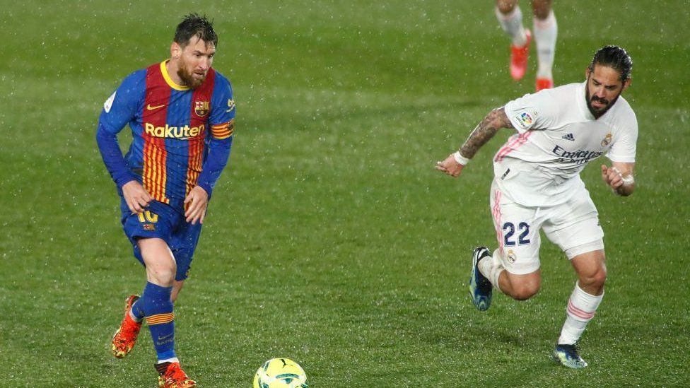 Lionel Messi of Barcelona in action against Real Madrid