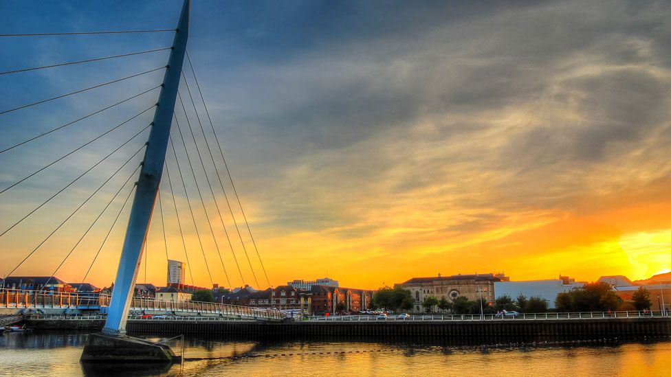 Swansea Bay at sunset, overlooking a bridge