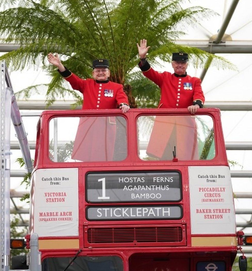 Chelsea Pensioners on the top off a bus in the Bowdens garden