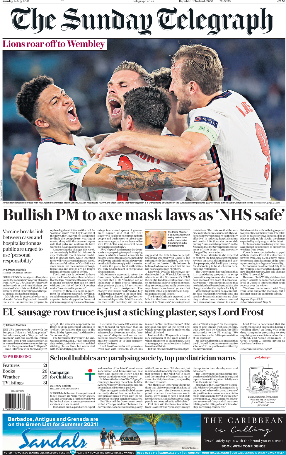 The Sunday Telegraph front page 4 July 2021