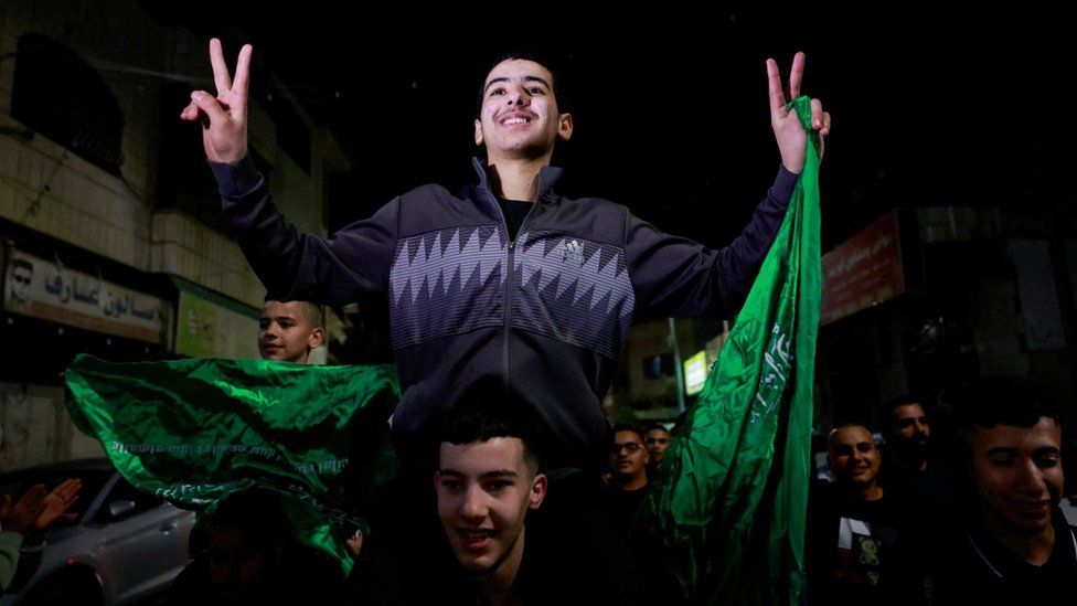 Released Palestinian prisoners react as they leave the Israeli military prison