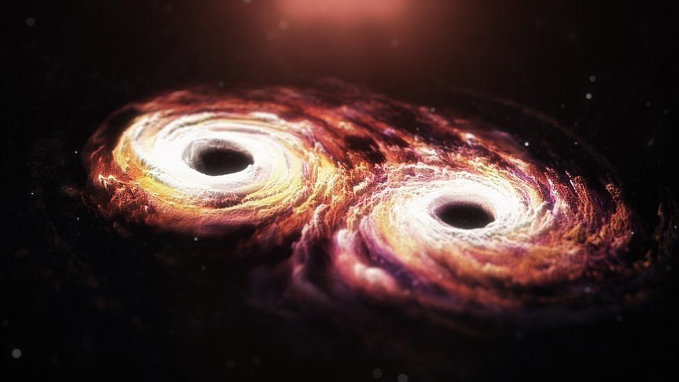 Впечатление художника: сверхмассивные черные дыры в центре каждой галактики закручиваются друг в друга, посылая гравитационные ударные волны по Вселенной