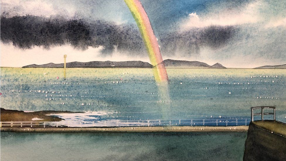 Watercolour painting of a rainbow over Guernsey bathing pools