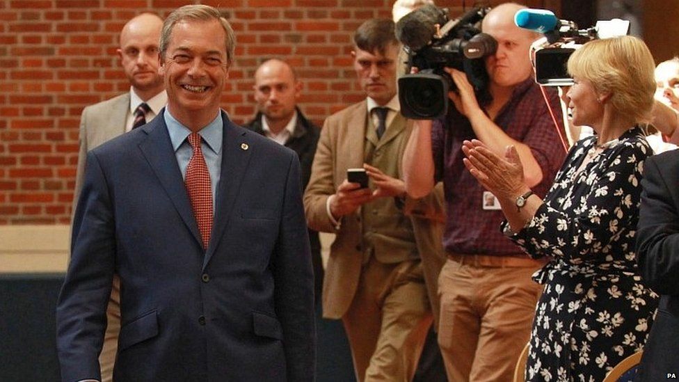 Nigel Farage arrives to announce his resignation as UKIP leader