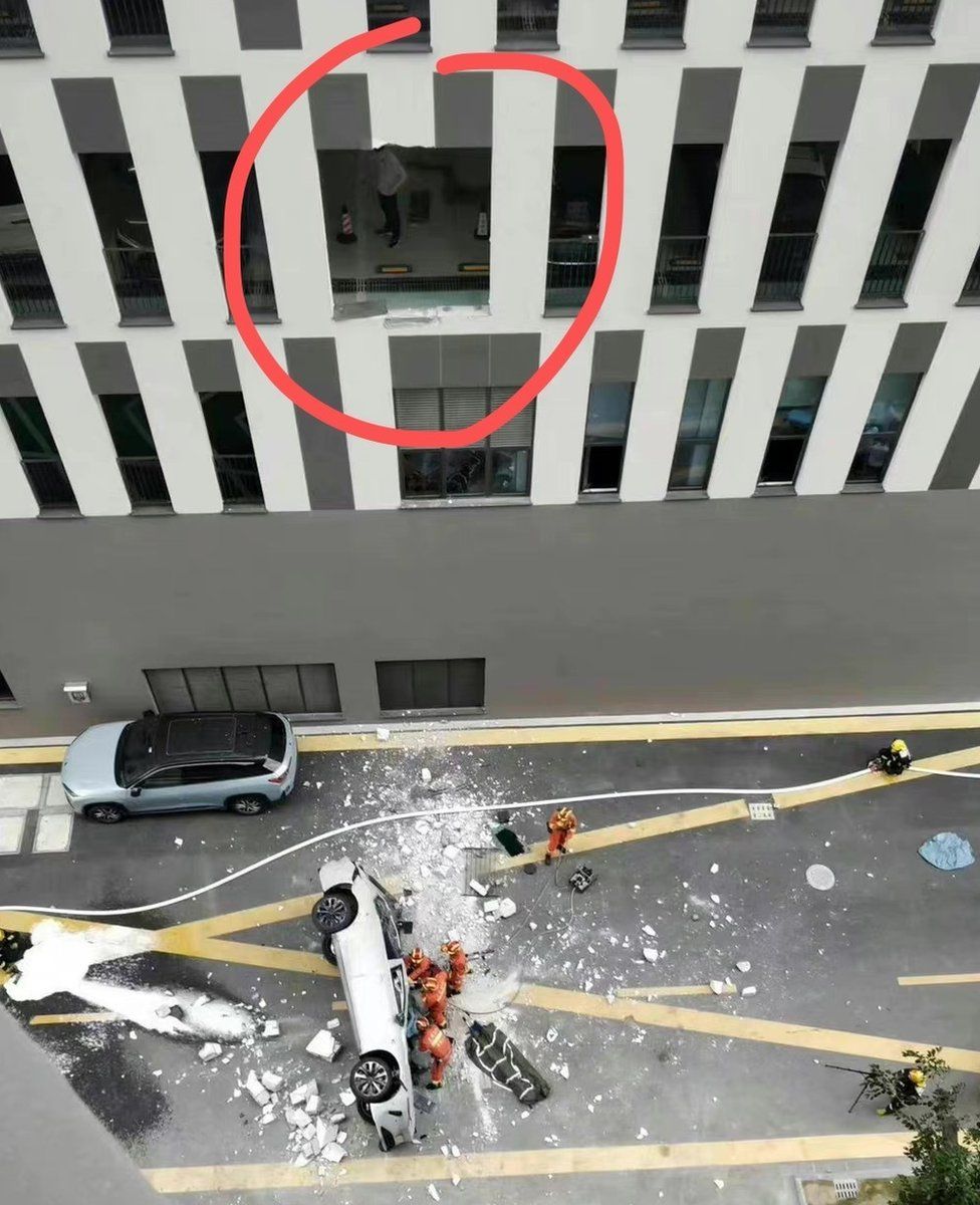 Two killed as Nio electric vehicle tumbles from third floor office in Shanghai