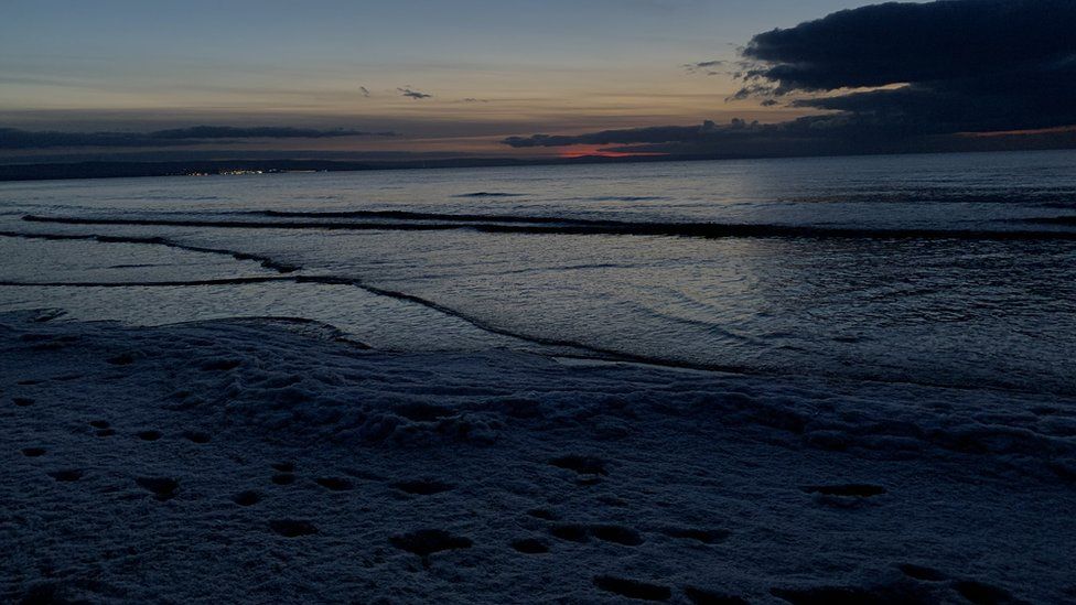 Frozen sea foam at Berrow Beach in North Somerset