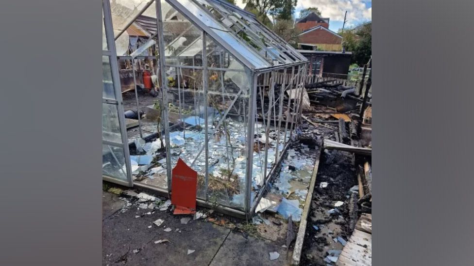 The greenhouse with all its panels smashed