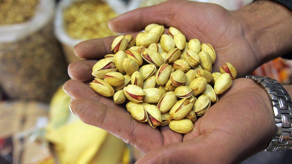Close-up of a handful of pistachio nuts taken in Tehran in 2006.