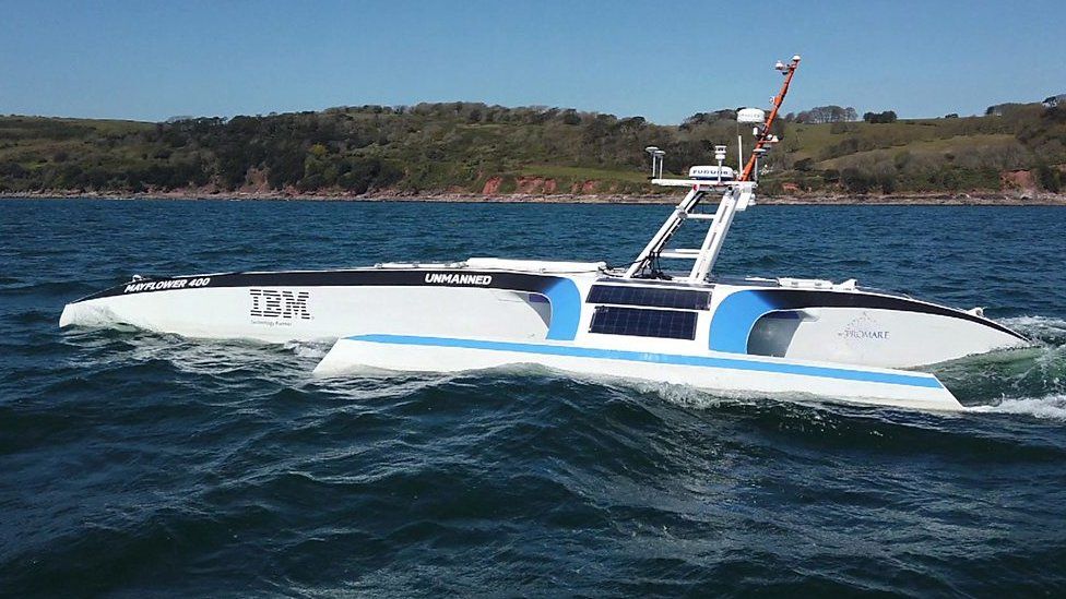 The autonomous Mayflower 400 sailing in water near Plymouth