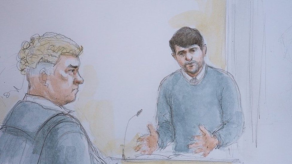 Court sketch of Thomas Cashman (right) giving evidence