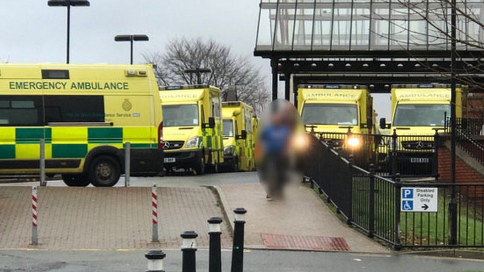 Ambulances queuing at a hospital in Wigan