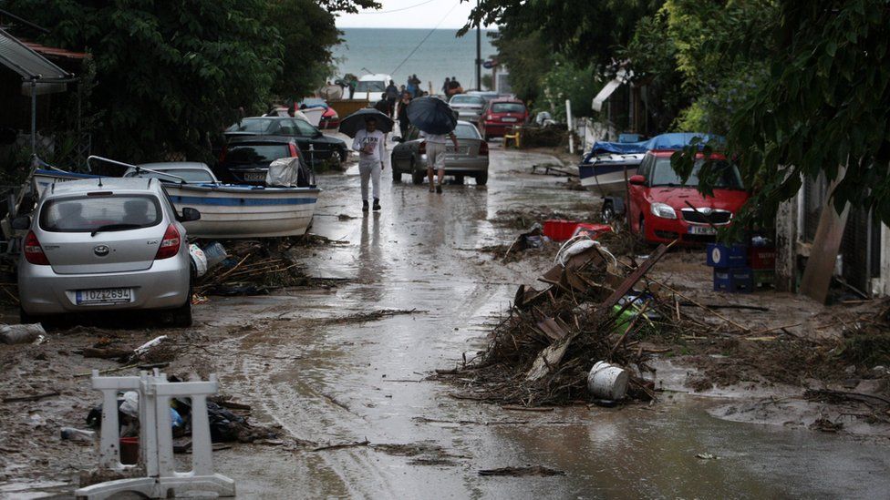 Mud and debris on roads in a suburb of Thessaloniki following flash floods, 7 September 2016