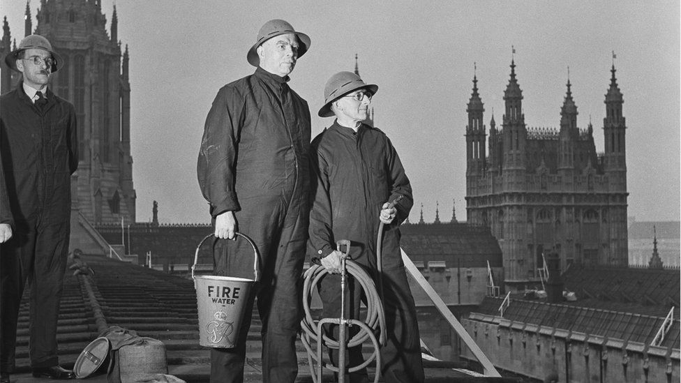 Fire watchers on Parliament's roof