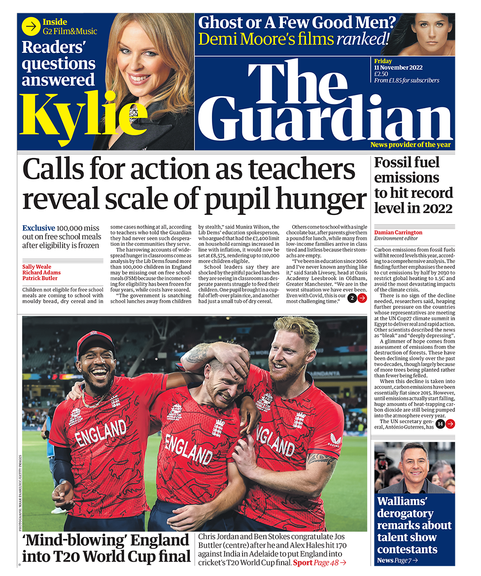 The headline in the Guardian reads: "Calls for action as teachers reveal scale of pupil hunger"