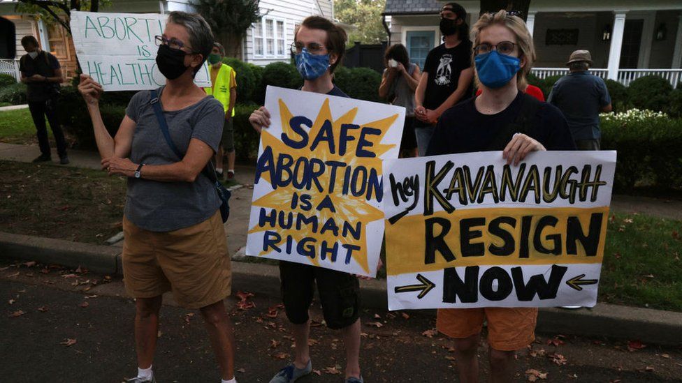 Pro-choice activists protest outside the house of U.S, Supreme Court Associate Justice Brett Kavanaugh September 13, 2021 in Chevy Chase, Maryland