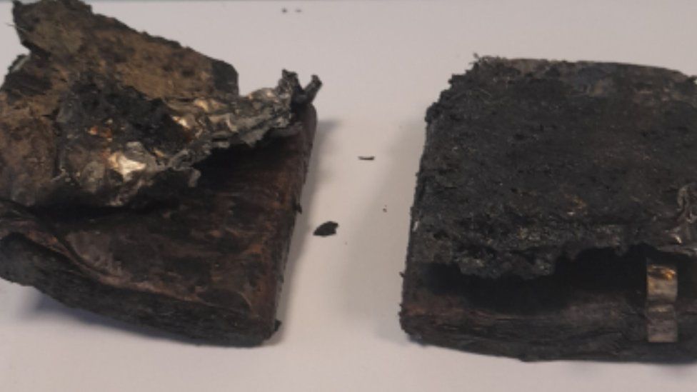 Parts of a lithium-ion battery that sparked a blaze in a bin lorry in Newton near Sleaford