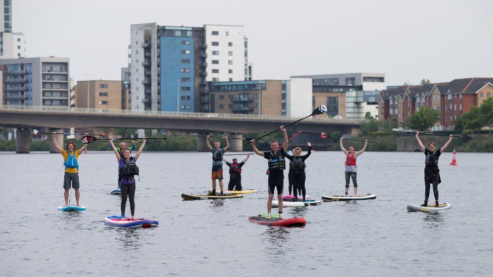 Paddle-boarders in Cardiff Bay
