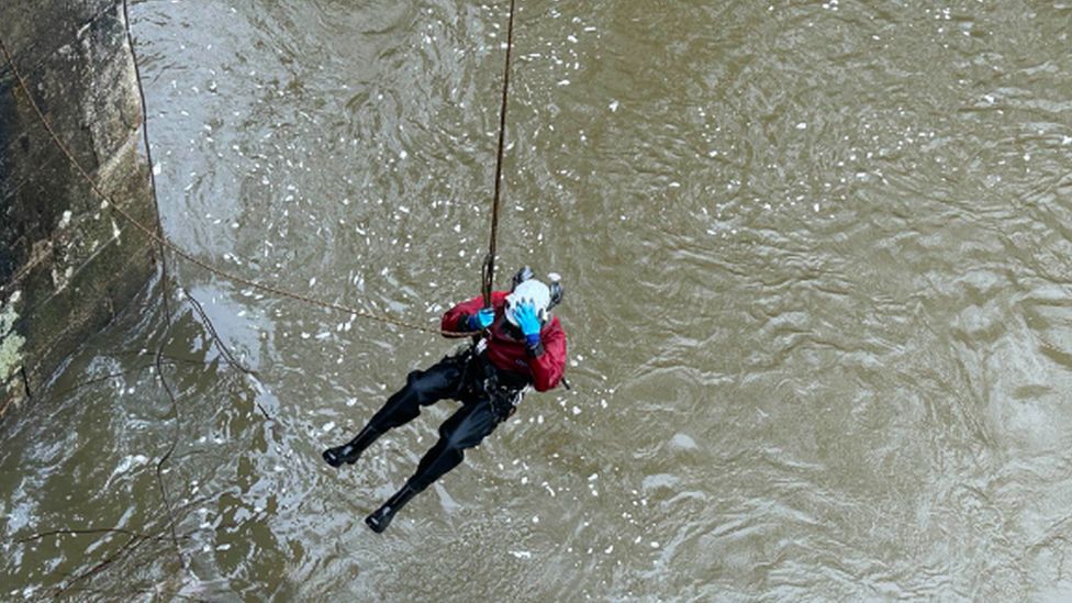 Image of worker being lowered into the water